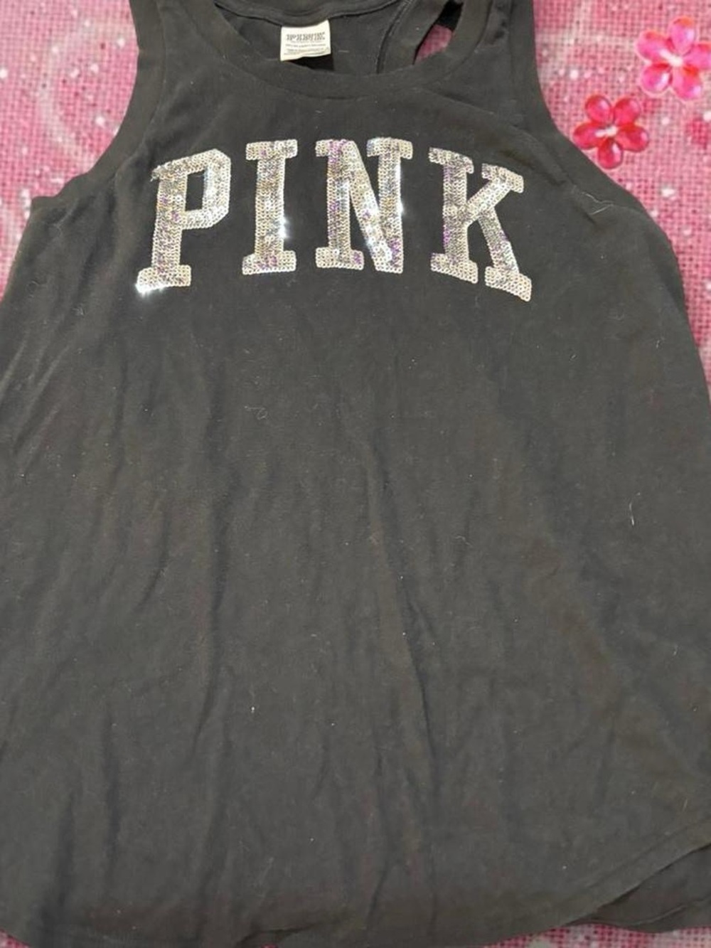 Victoria's Secret PINK Black Racerback Tank with Sequin Lettering